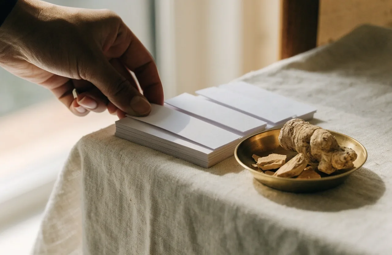 A linen-lined reference shelf with a botanical tray, a porcelain dish and a stack of blank cards
