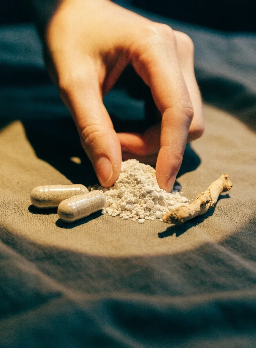 Mineral granules, capsules and a dried botanical root staged on dark linen