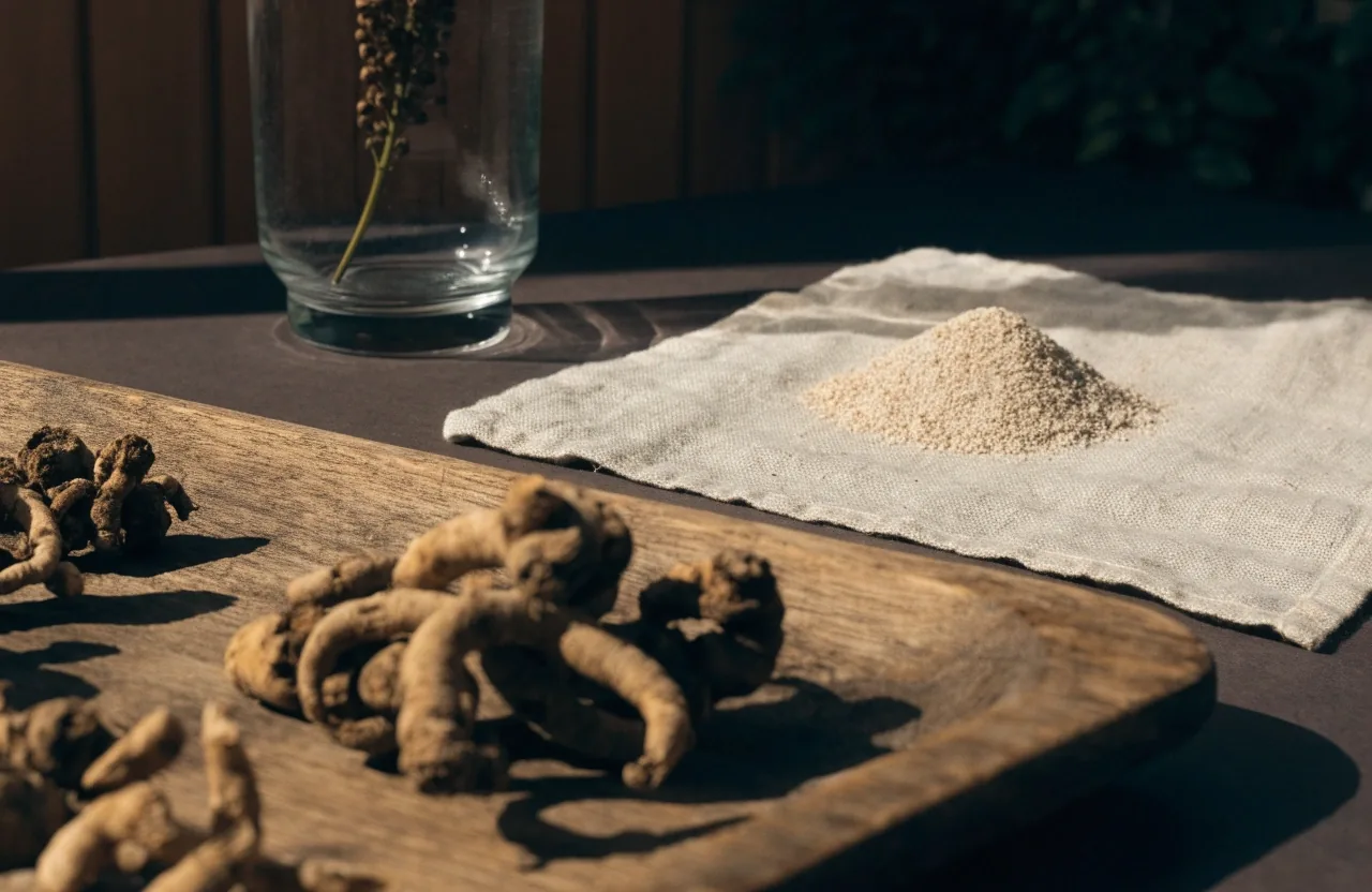 Shallow studio tray of dried botanical roots and mineral granules arranged for a NusaVita editorial review