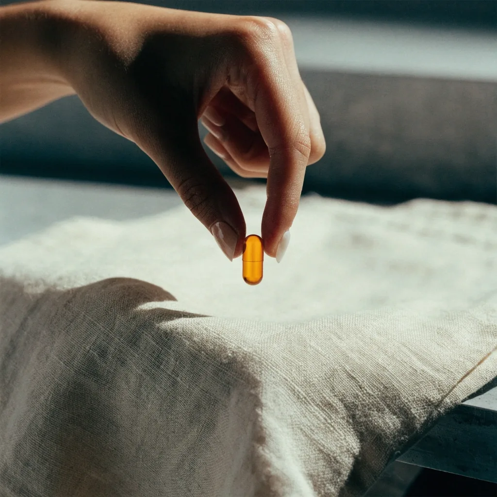 A hand holding a plain unbranded supplement capsule above linen cloth on a studio bench