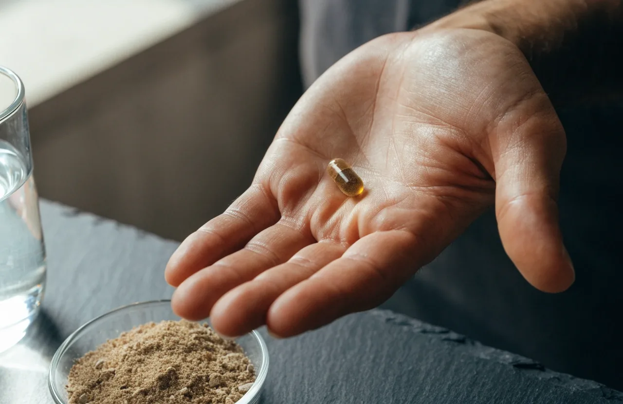 A hand holding a botanical capsule beside a cobalt vessel on dark linen cloth in a studio