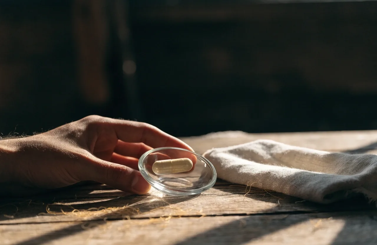 A folded raw linen square beside a single plant-cellulose capsule