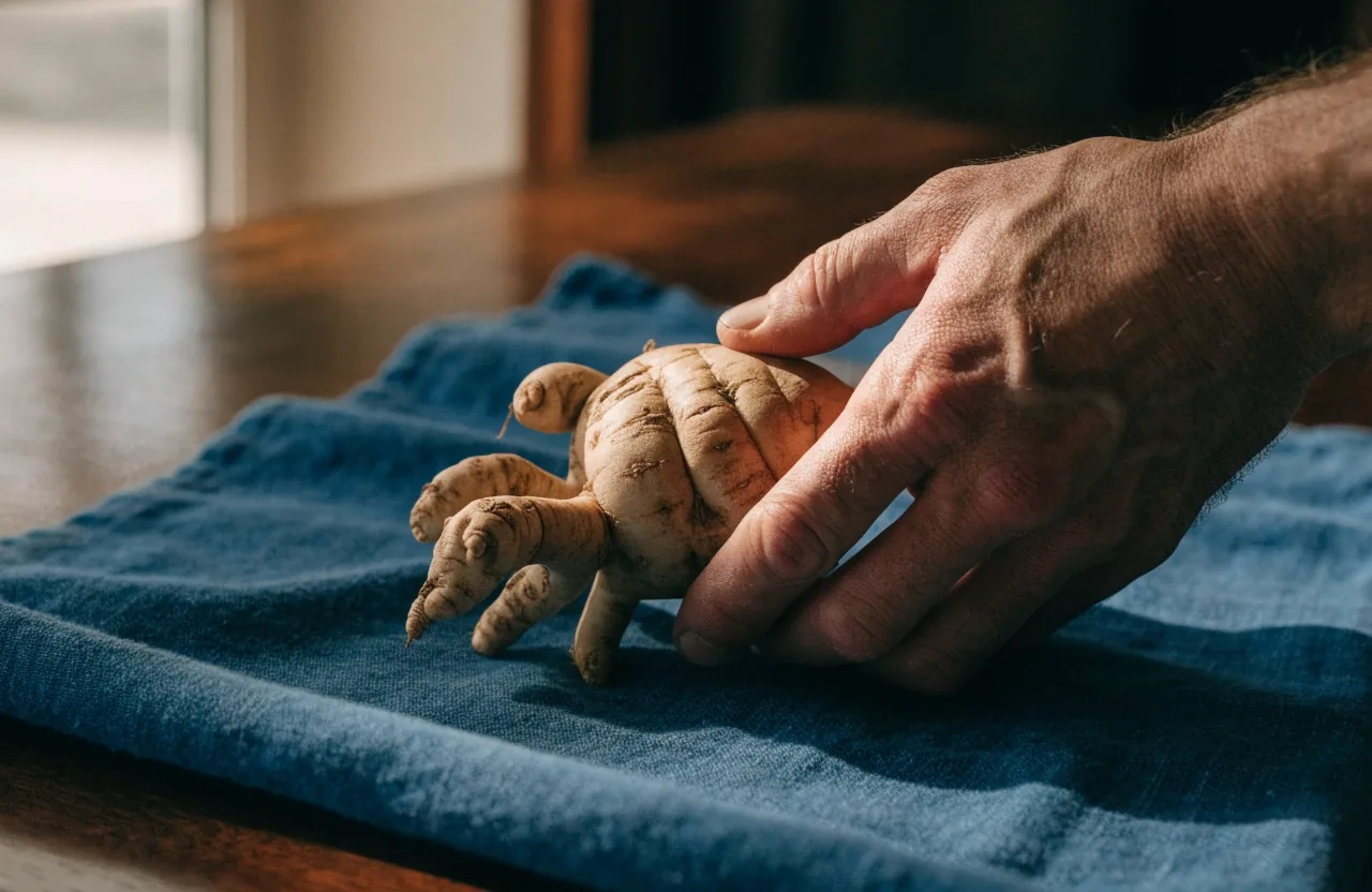 A fresh whole ginseng root on folded linen cloth
