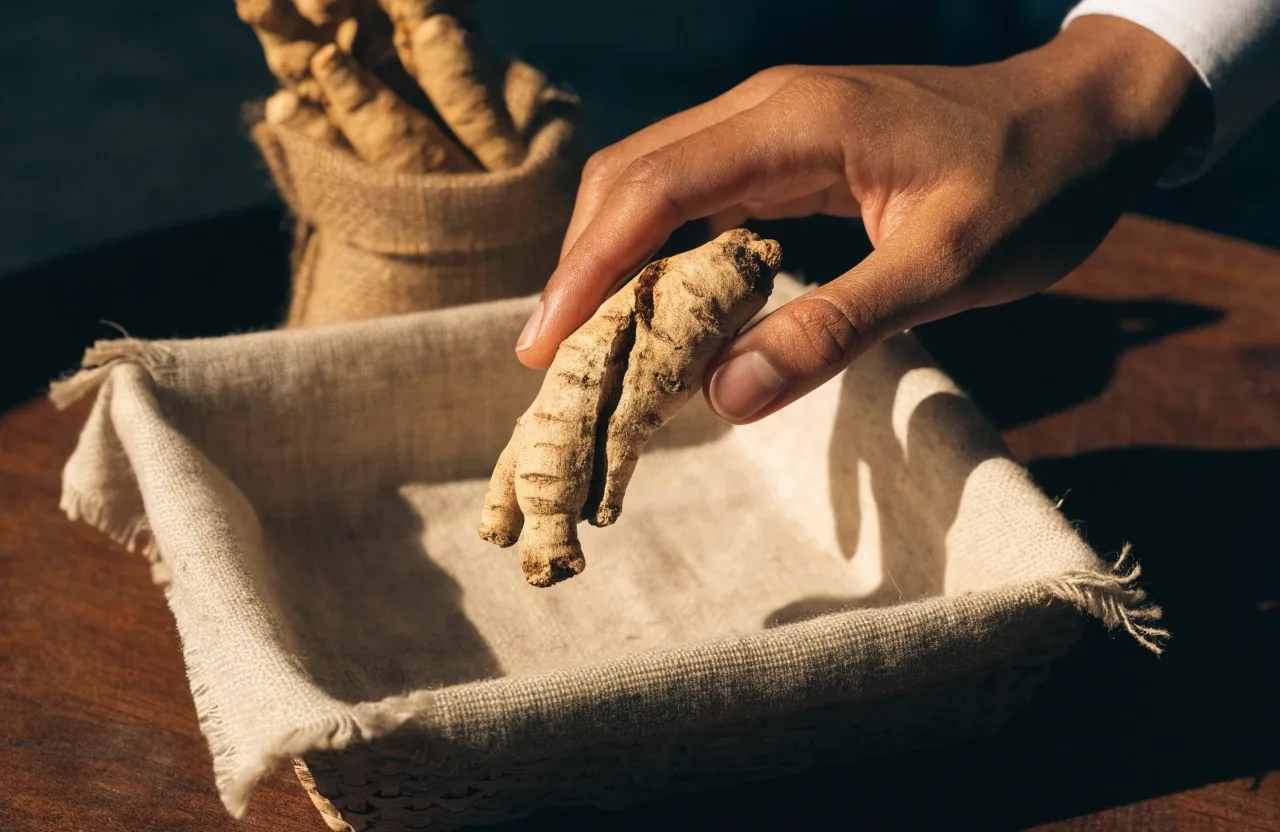 Dried ginseng root pieces on a linen tray