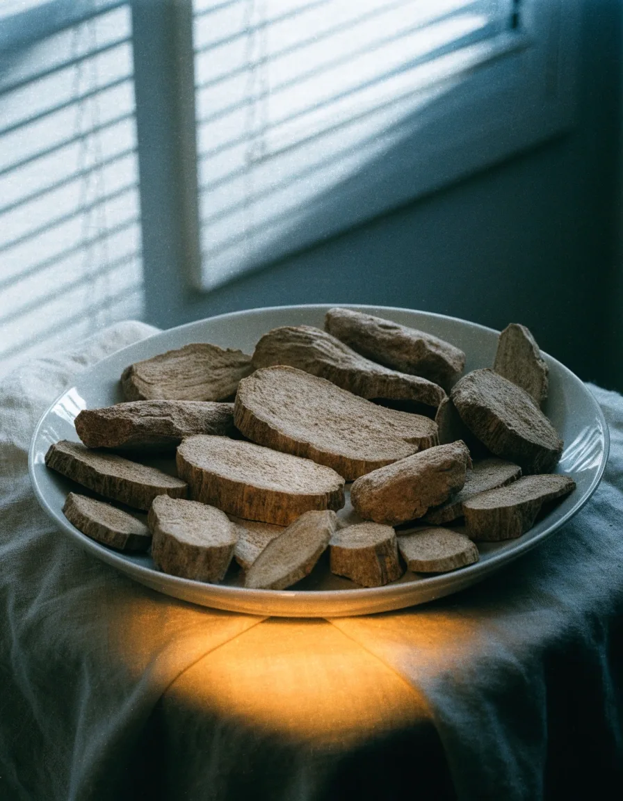 Dried maca root pieces in a shallow porcelain dish