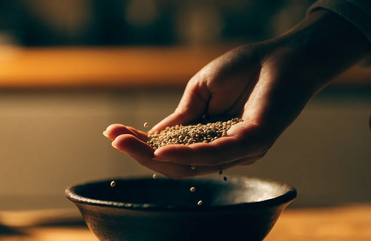 Fenugreek seeds piled in a small dark ceramic bowl