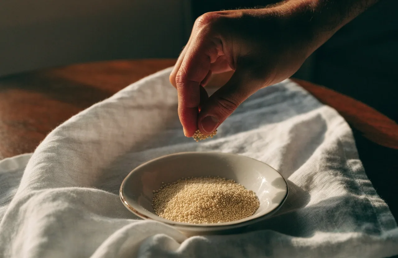 Pale B-complex granules in a small porcelain dish on linen