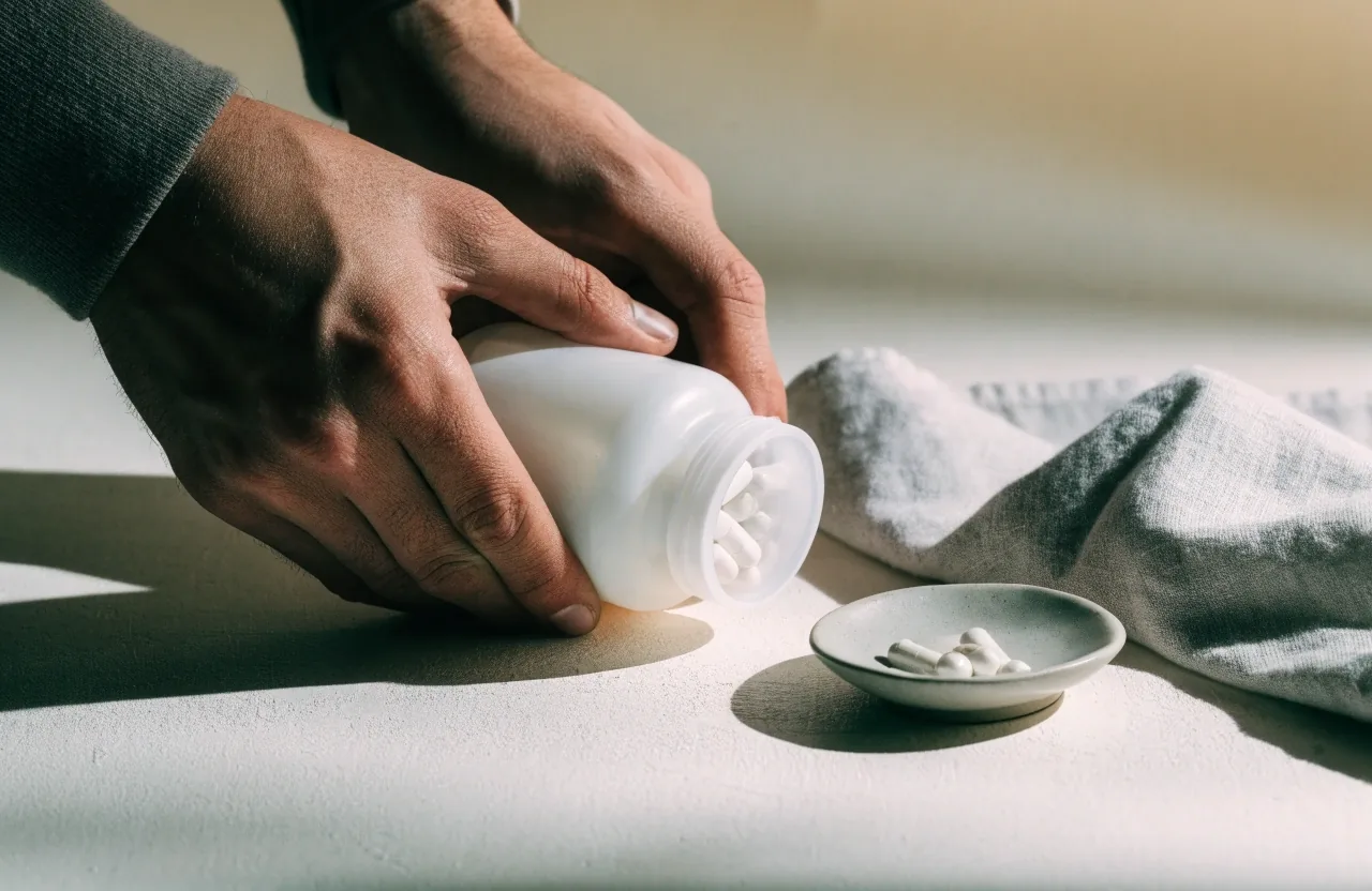 Hands turning an unbranded supplement bottle beside a dish of capsules on linen