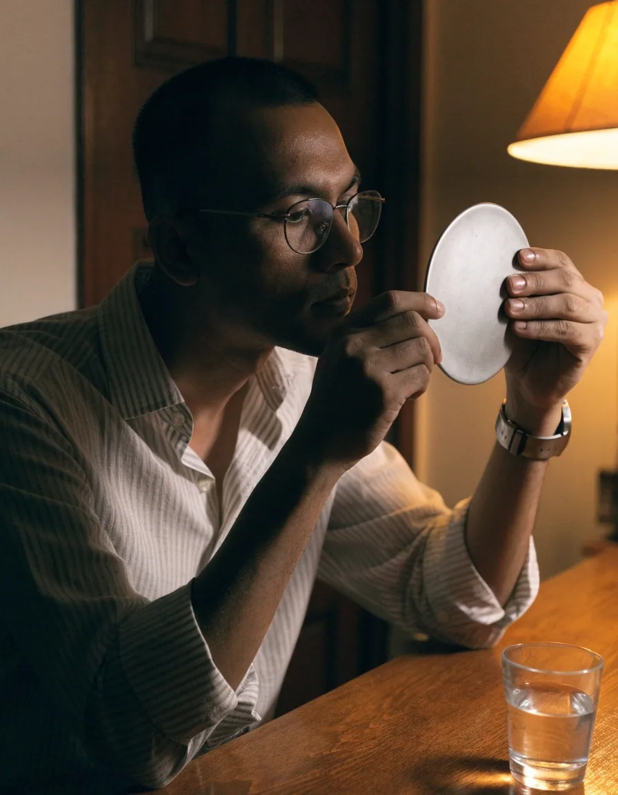 Man studying a plain supplement plate at reading distance under a lamp