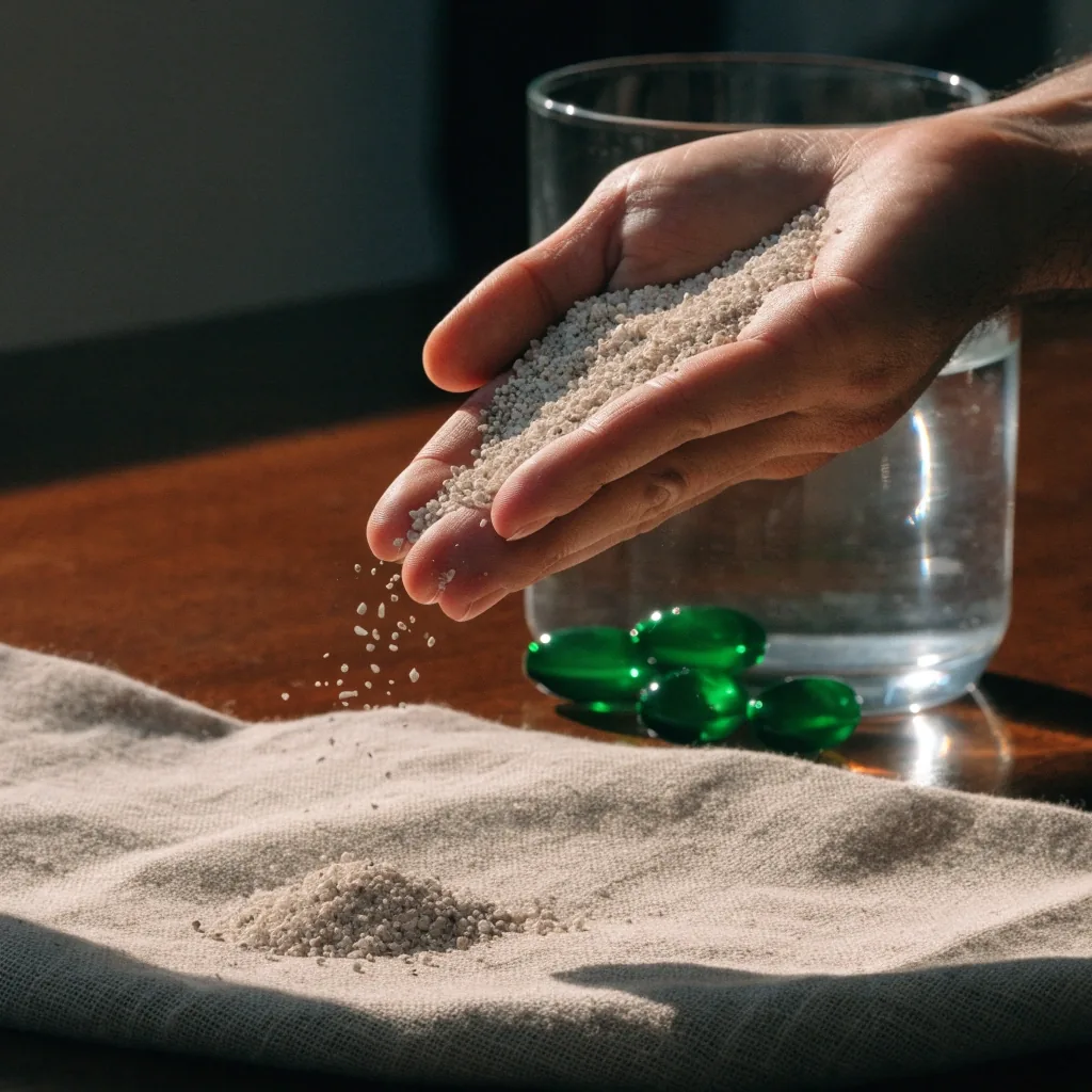 Mineral complex granules heaped on a linen square