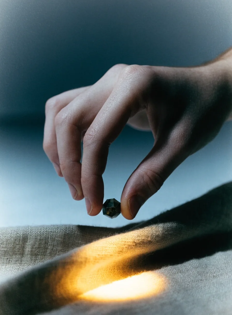 A hand rolling a botanical capsule between thumb and forefinger over folded cloth