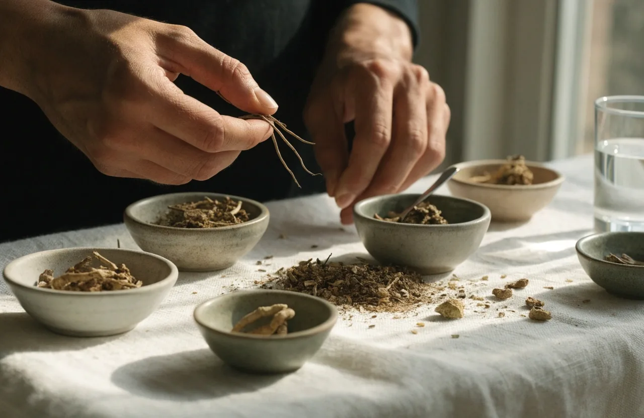 A shallow tray of dried botanical roots under warm lamp light