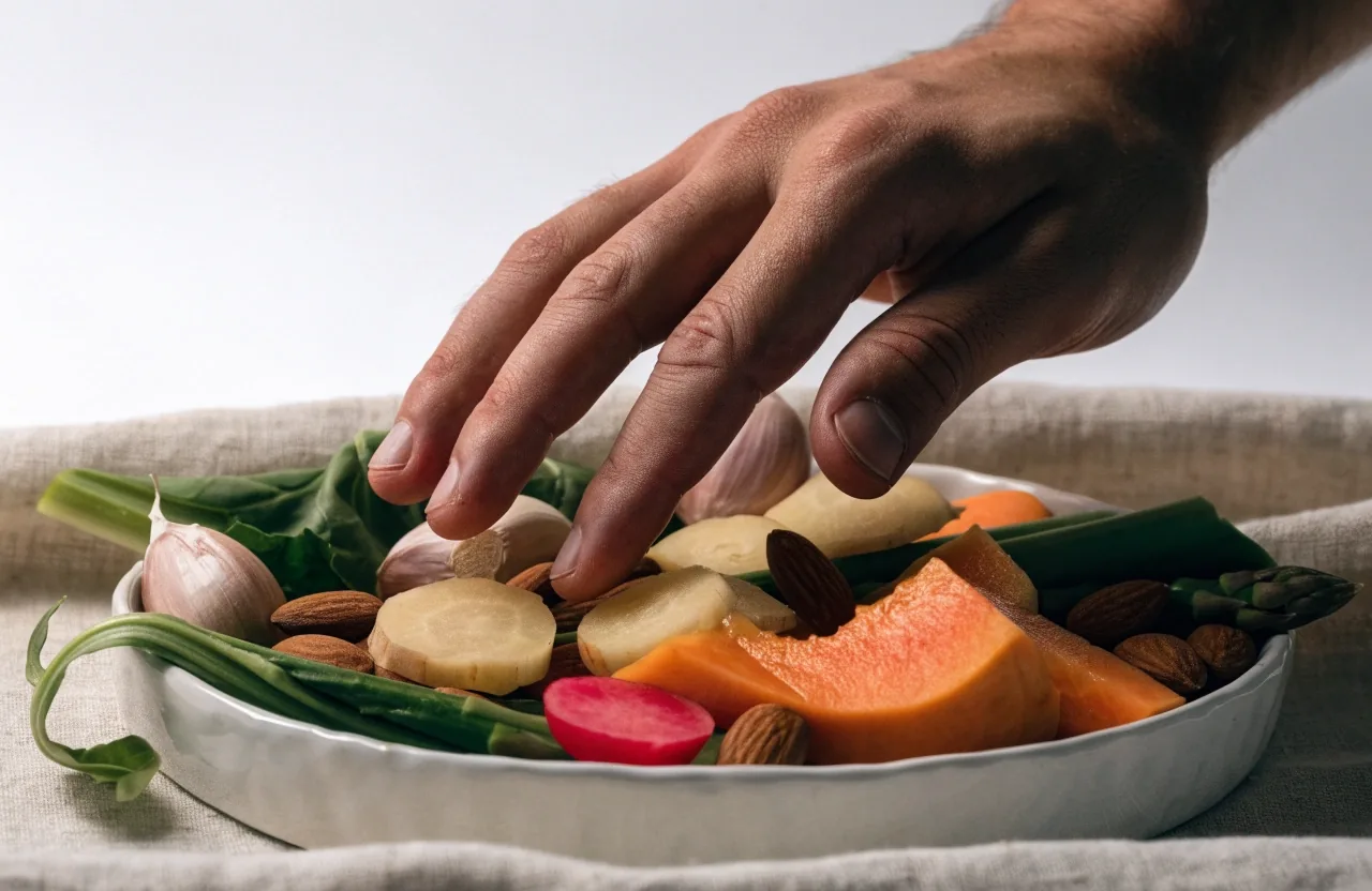 A shallow tray of vegetables, nuts, and cut fruit on a linen cloth under studio light
