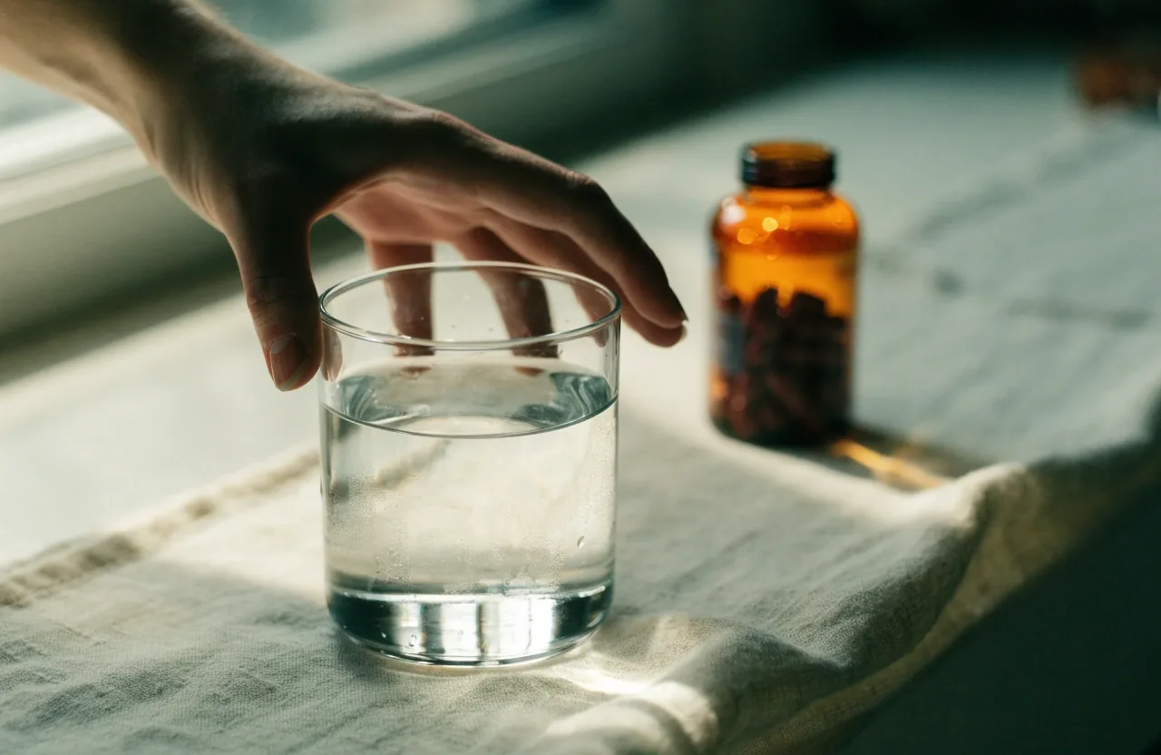 A clear glass tumbler of water on linen with condensation on the glass