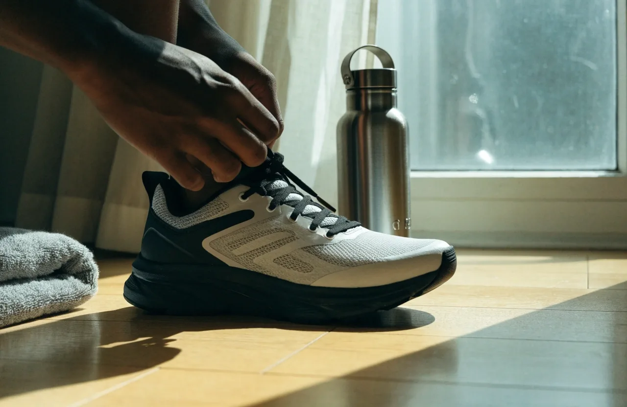 A pair of walking shoes and a rolled towel on a linen mat