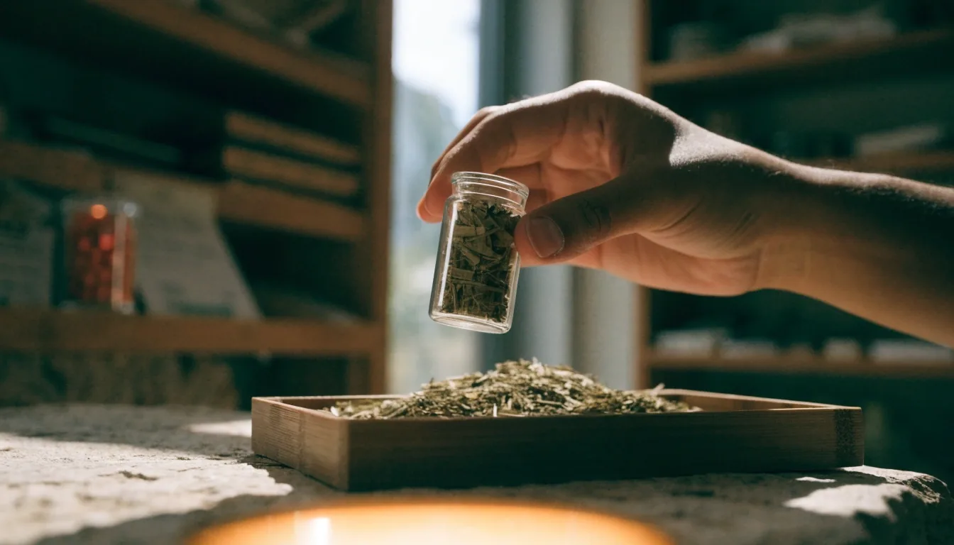 A glass vessel holding dried green botanical leaves on a folded cloth plane