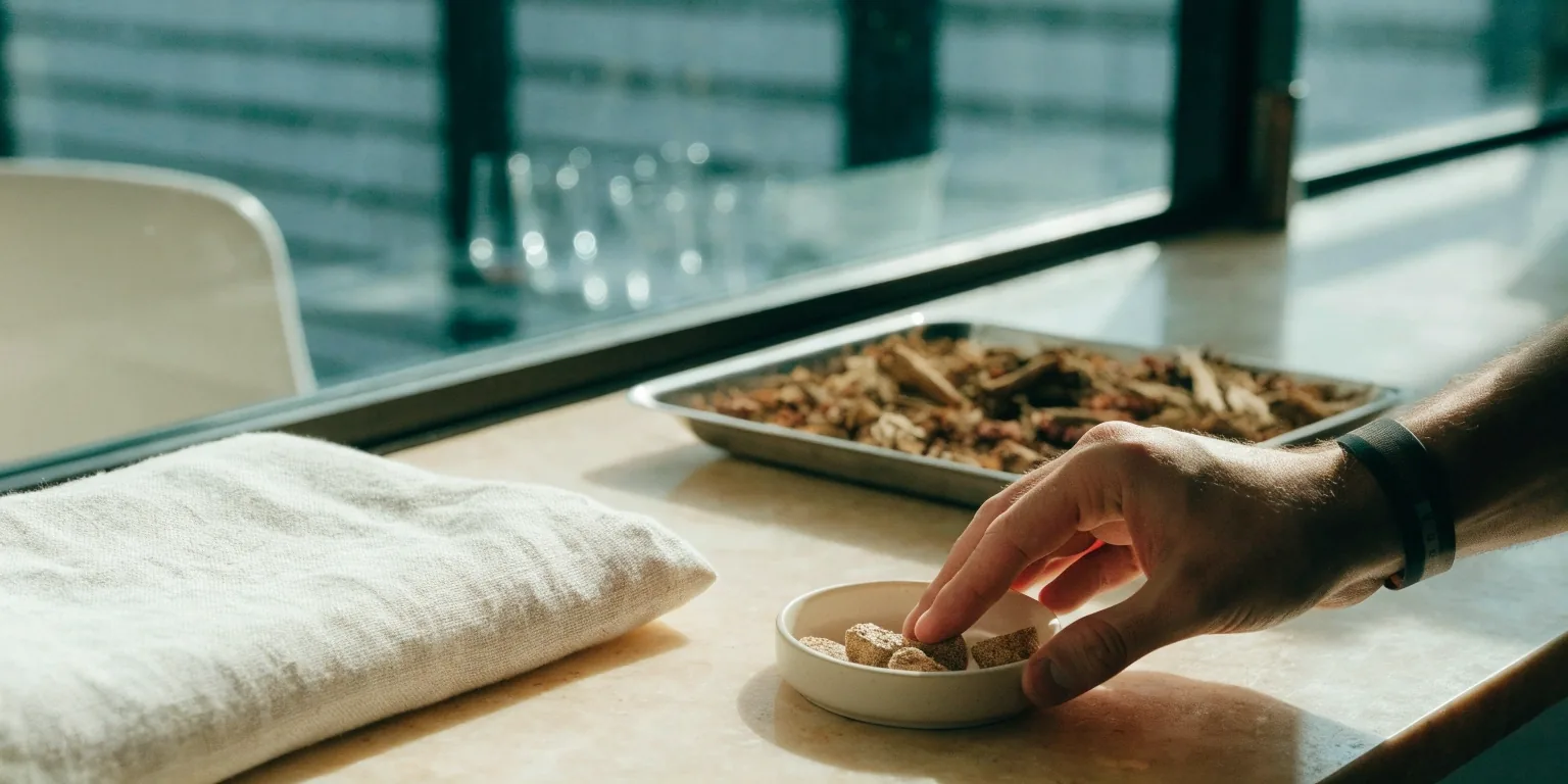 A midday Jakarta research desk with a linen swatch, a botanical tray and a plain supplement plate