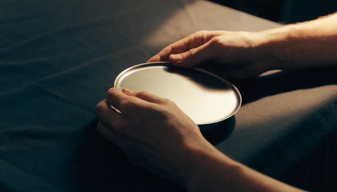Hands holding a plain unbranded supplement plate at reading distance under a lamp