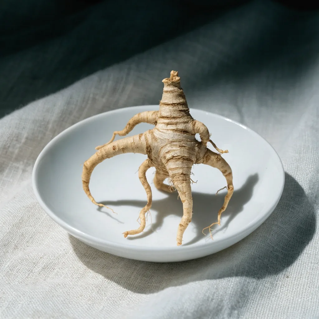 A dried whole Panax ginseng root resting in a shallow porcelain dish on linen