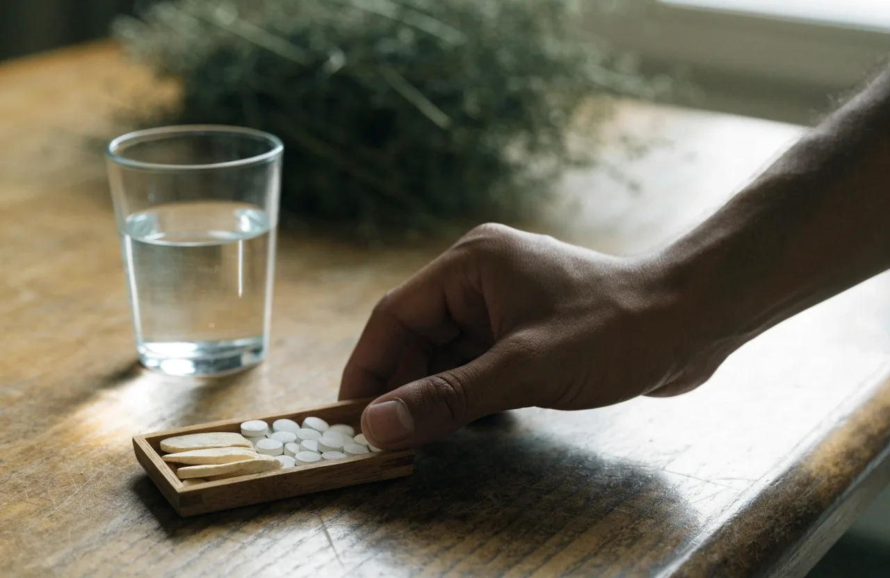A row of pale pressed tablets in slightly different shapes laid across linen cloth