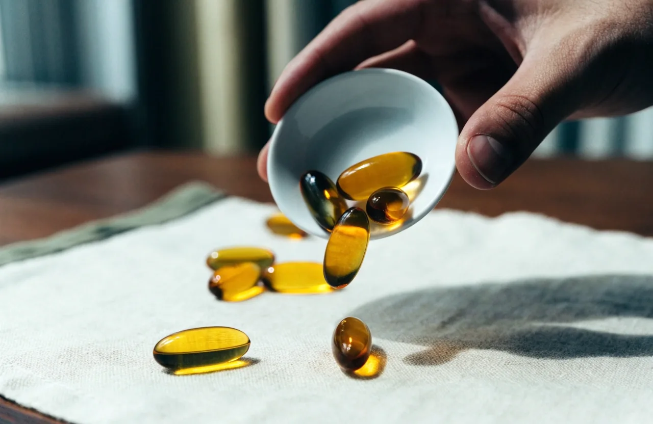 Amber vitamin D softgels spilled from a shallow dish onto linen, one cracked open to reveal golden oil