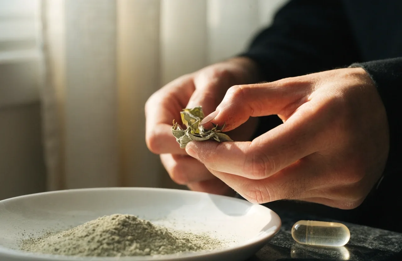 Dried green tea leaves heaped beside a dish of green-grey extract and a clear capsule