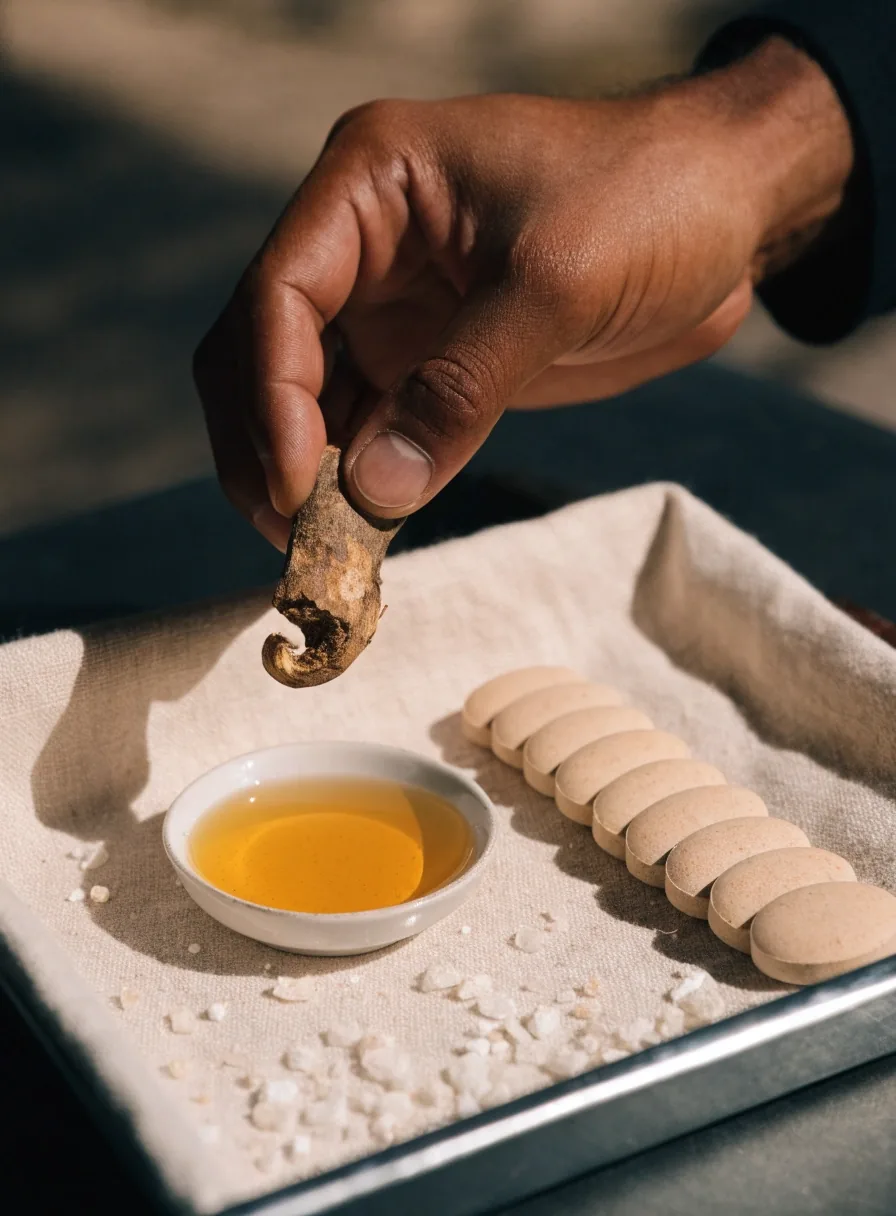 Dried botanical roots, a dish of golden extract, mineral granules and pressed tablets arranged across a linen studio tray