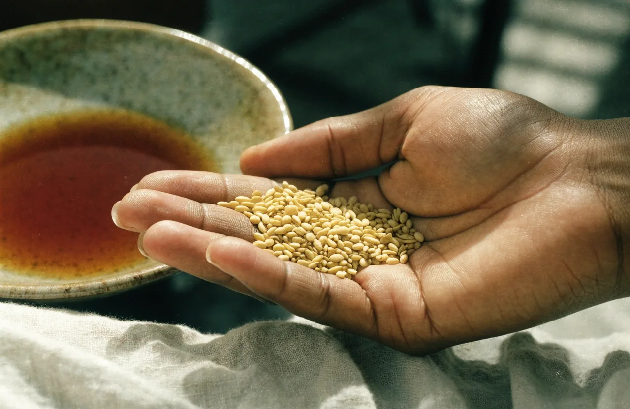 Pale yellow fenugreek seeds cupped in an open palm above linen, with a dish of amber extract