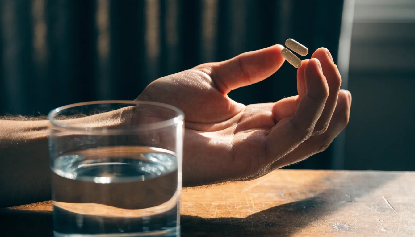 A plain unbranded supplement plate and capsules on dark linen cloth under a lamp