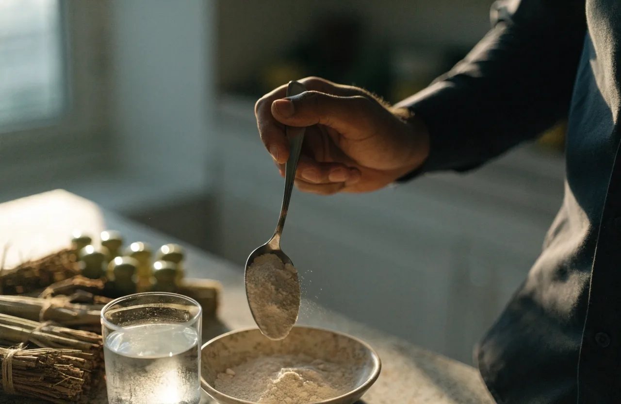 A hand holding a mound of pale vitamin powder above dark linen cloth under a single warm lamp