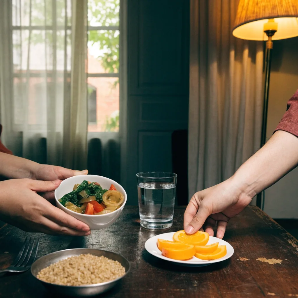 A midday kitchen counter with vegetables, fruit, whole grains, and a glass of water