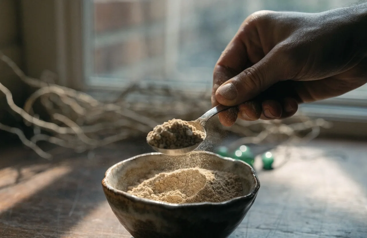 Dried botanical roots with an unbranded capsule on linen