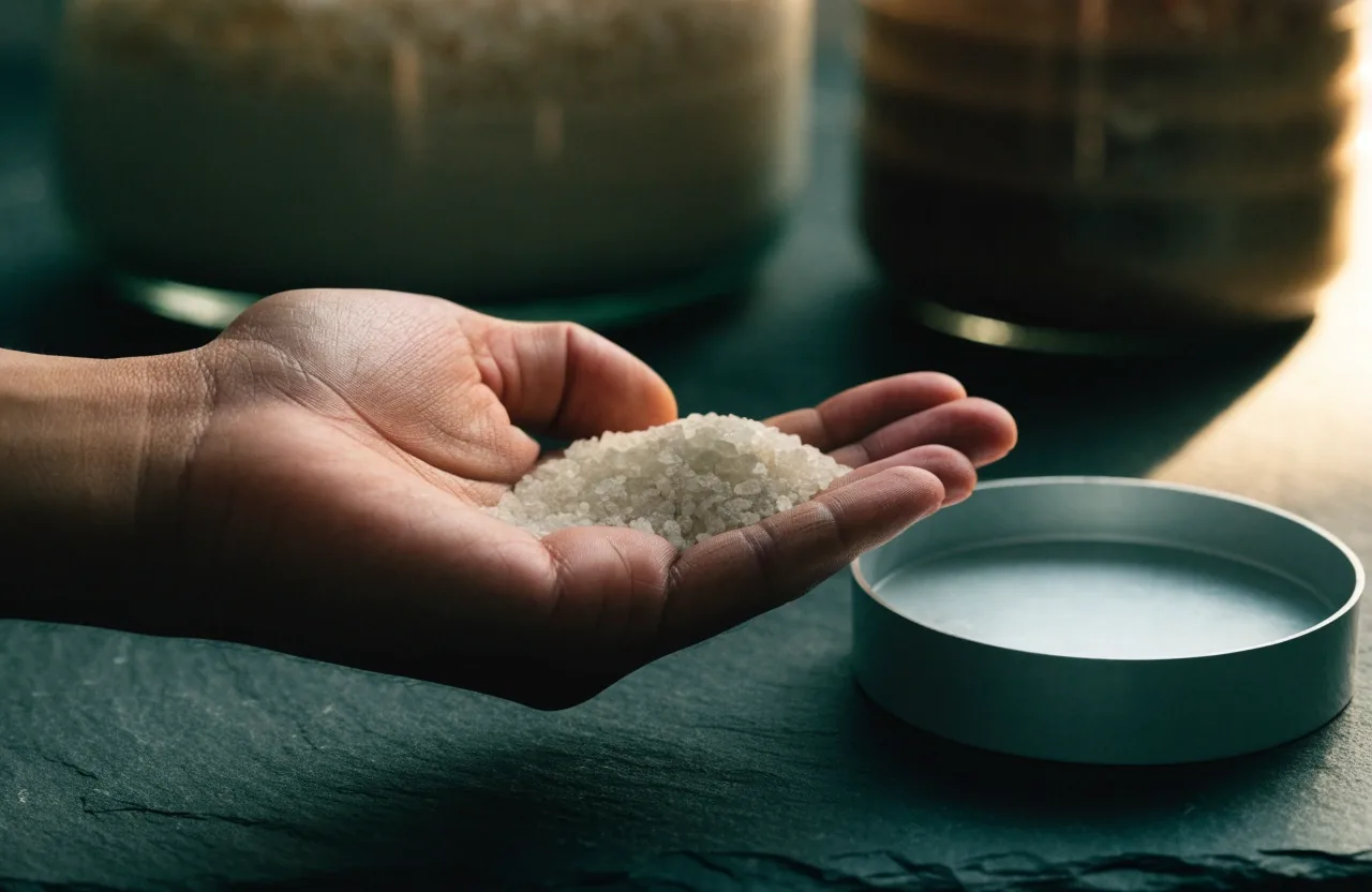 Hand holding a plain unbranded supplement plate beside a tray of mineral granules