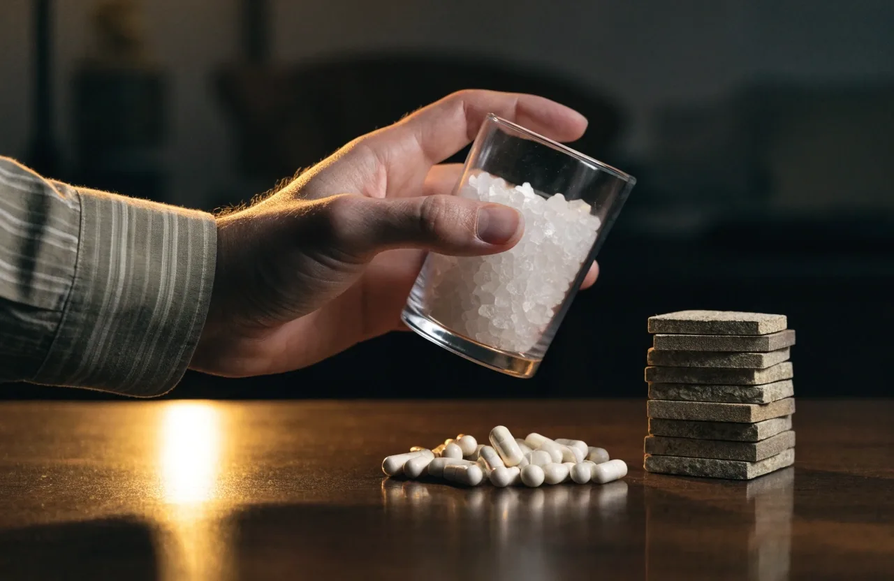 Men's supplement formats — capsules, mineral granules and tablets — arranged on dark linen under a single warm lamp