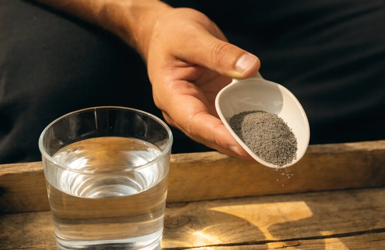 Shallow mound of mineral powder on dark linen