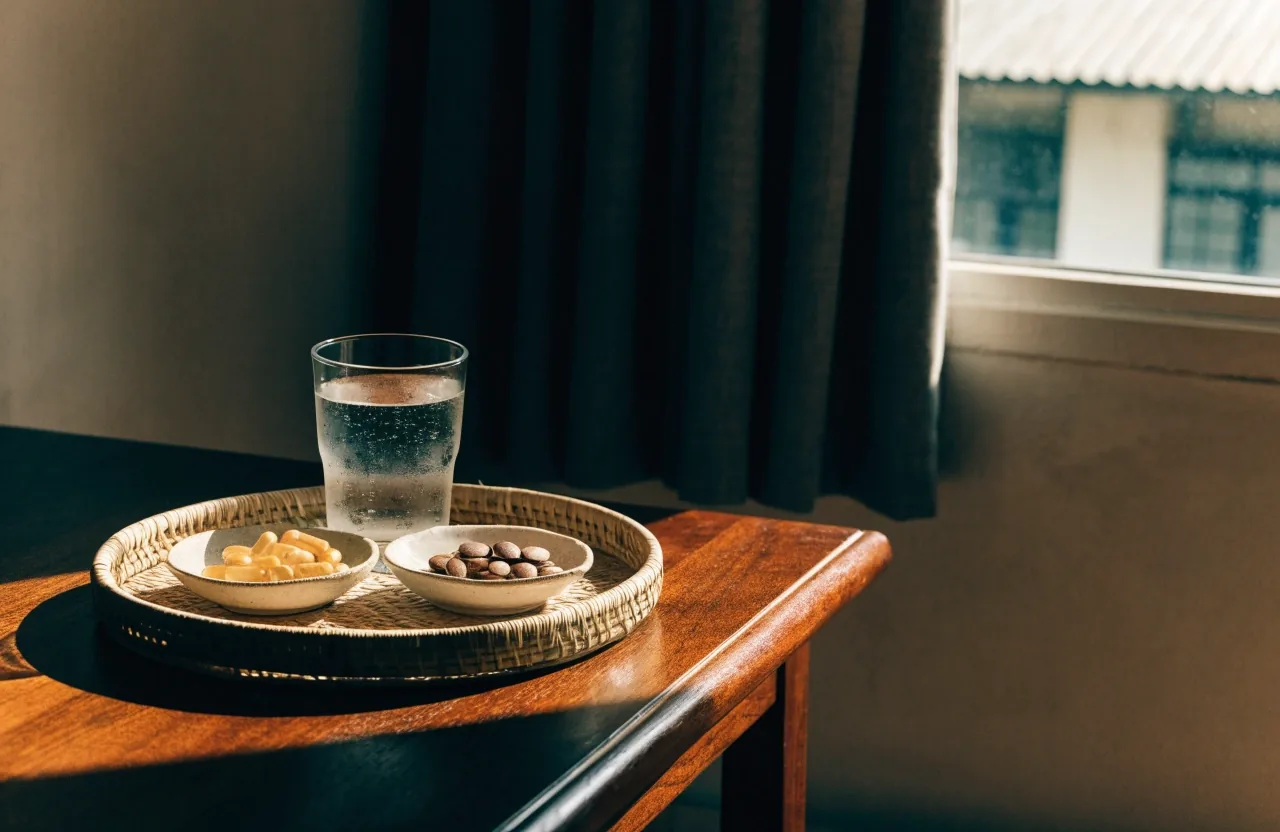 Unbranded multivitamin capsules on dark linen