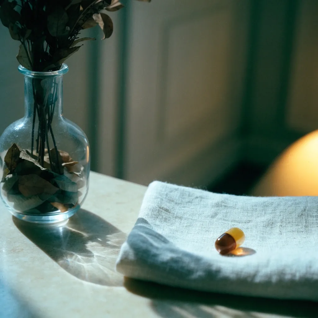 A glass vessel of dried botanical beside a folded linen square and an unlabelled capsule in the NusaVita studio