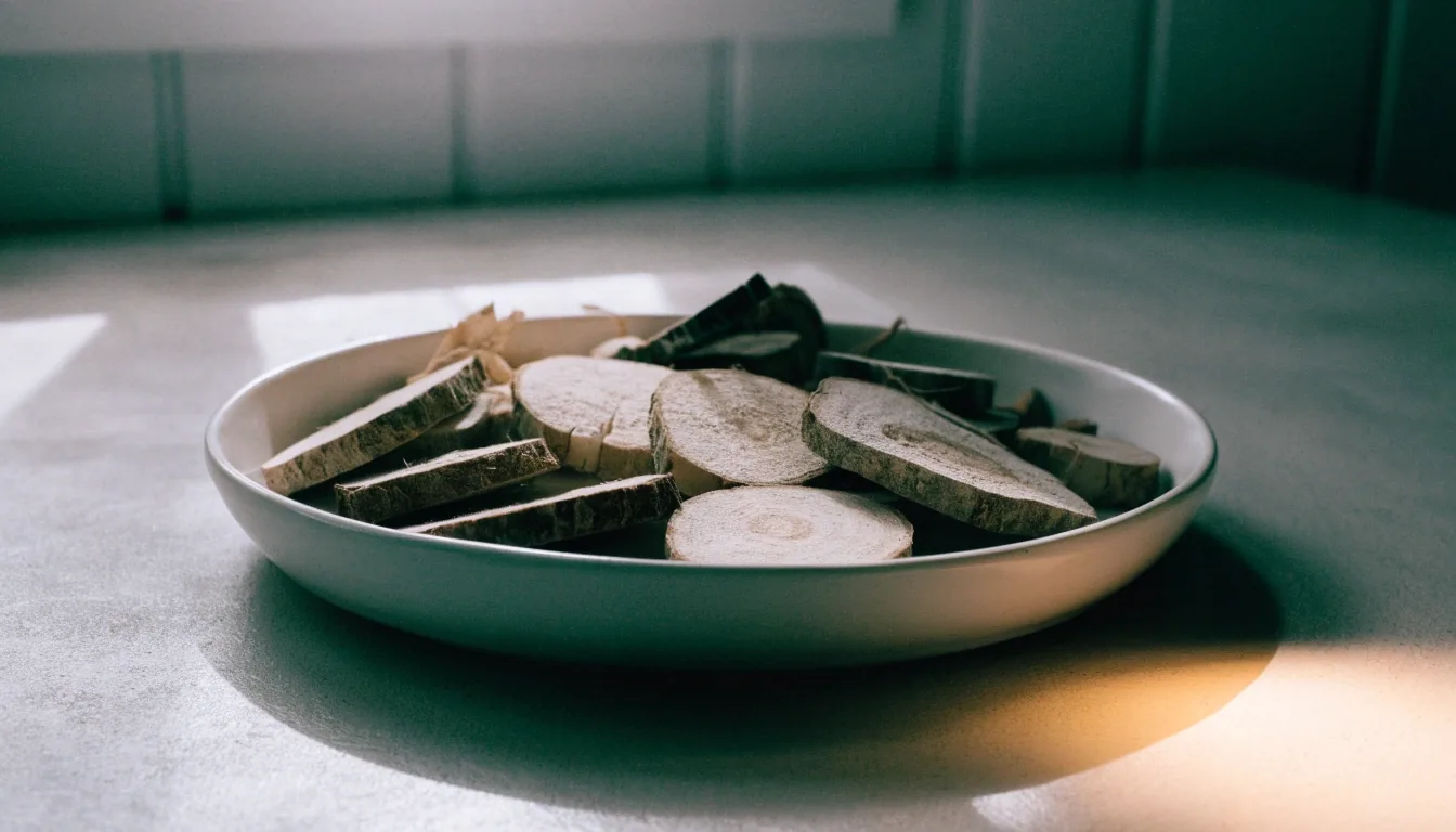 A shallow tray of dried botanical material on the NusaVita studio bench under noon light