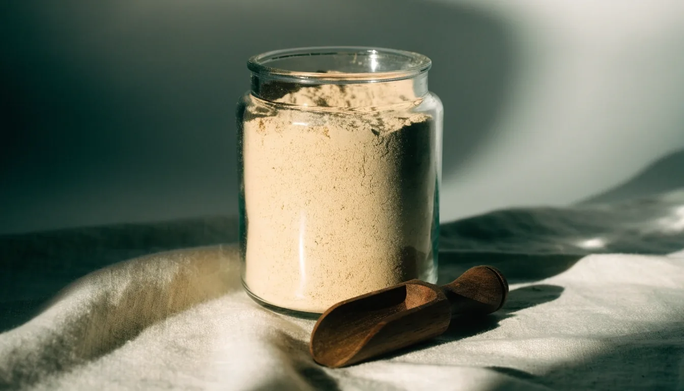 Pale botanical powder portioned in a porcelain dish on a studio cloth in the NusaVita studio